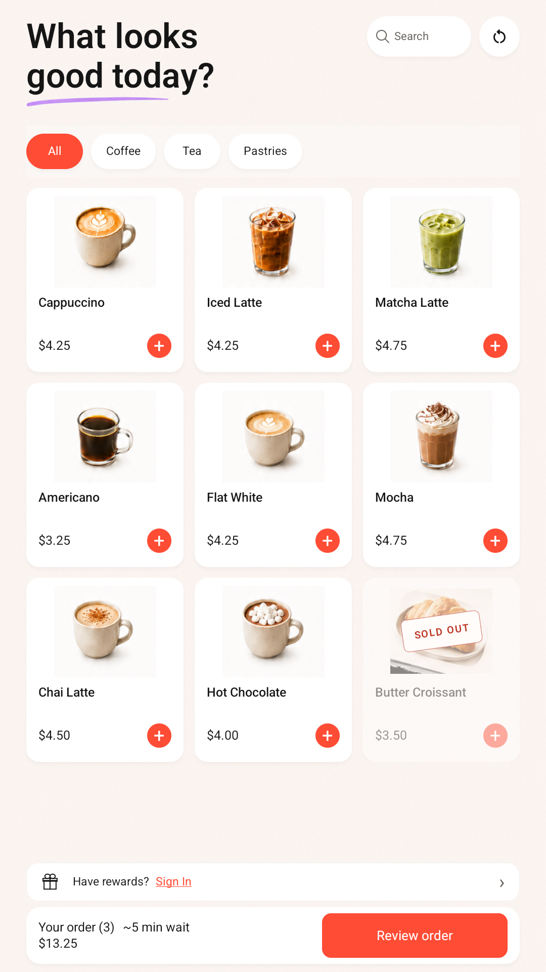 Kiozi Café ordering menu on a portrait Android touchscreen